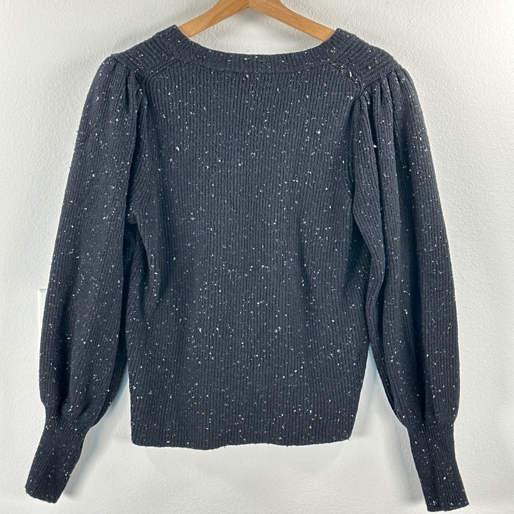 Puff Sleeve Sweater Womens Classic Size M Black Speckled Knit Cotton Blend